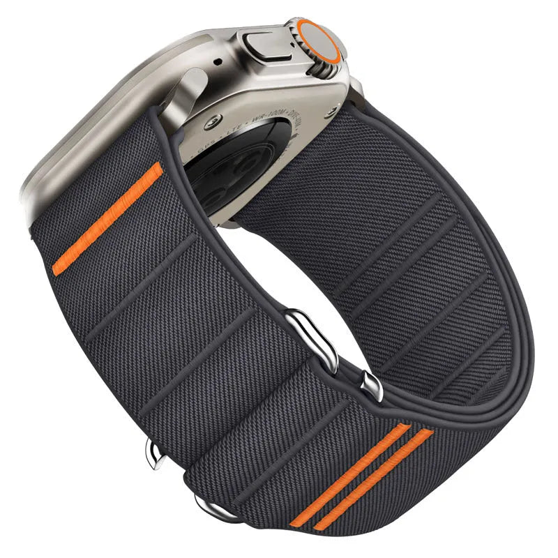 Elastic nylon Apple Watch band with stainless steel buckle in various colour options