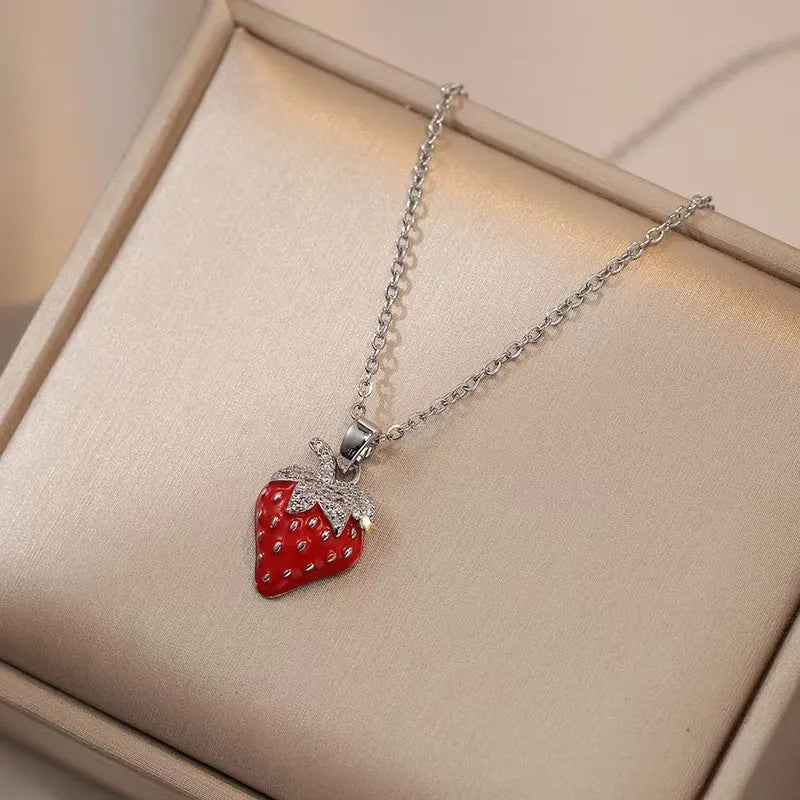 Titanium steel women's necklace with golden cherry pendant and O-ring chain design