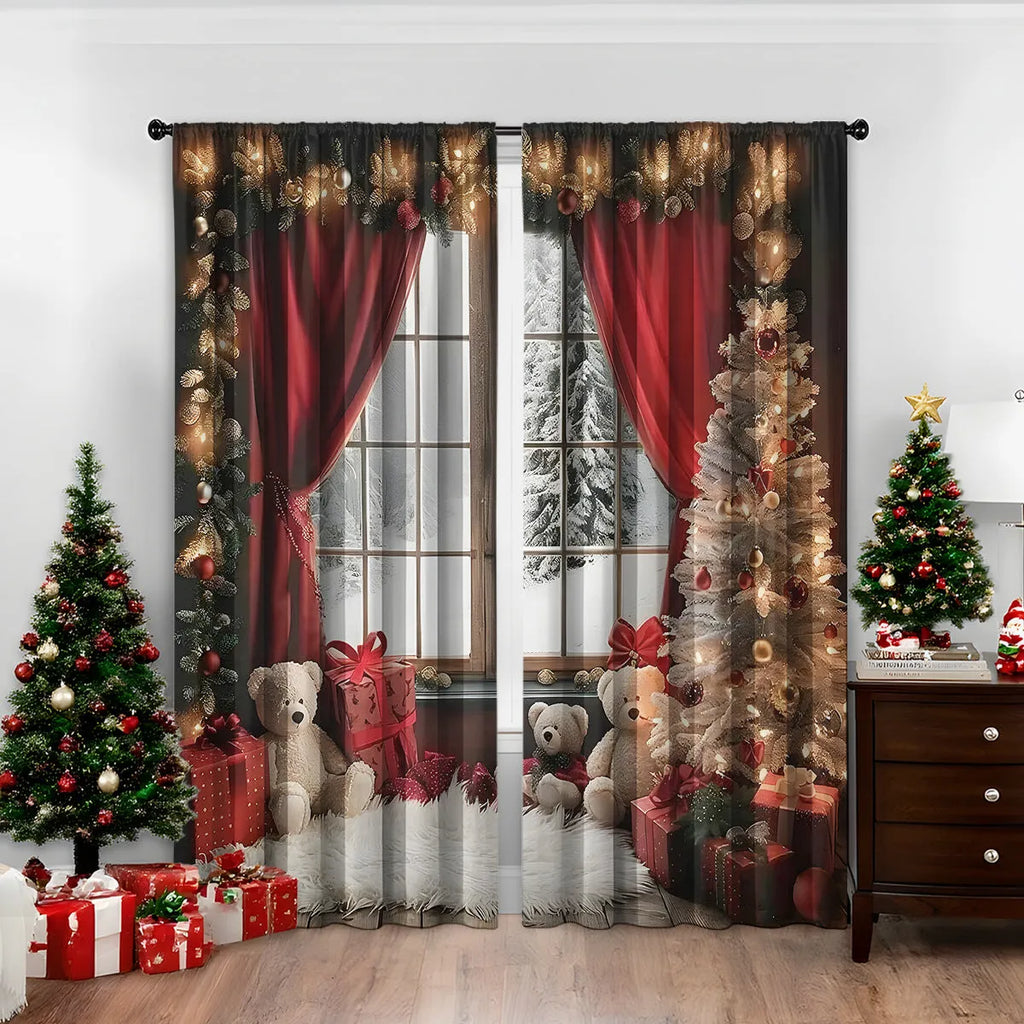 Pair of 3D printed Christmas pattern curtains in polyester fabric on a window.