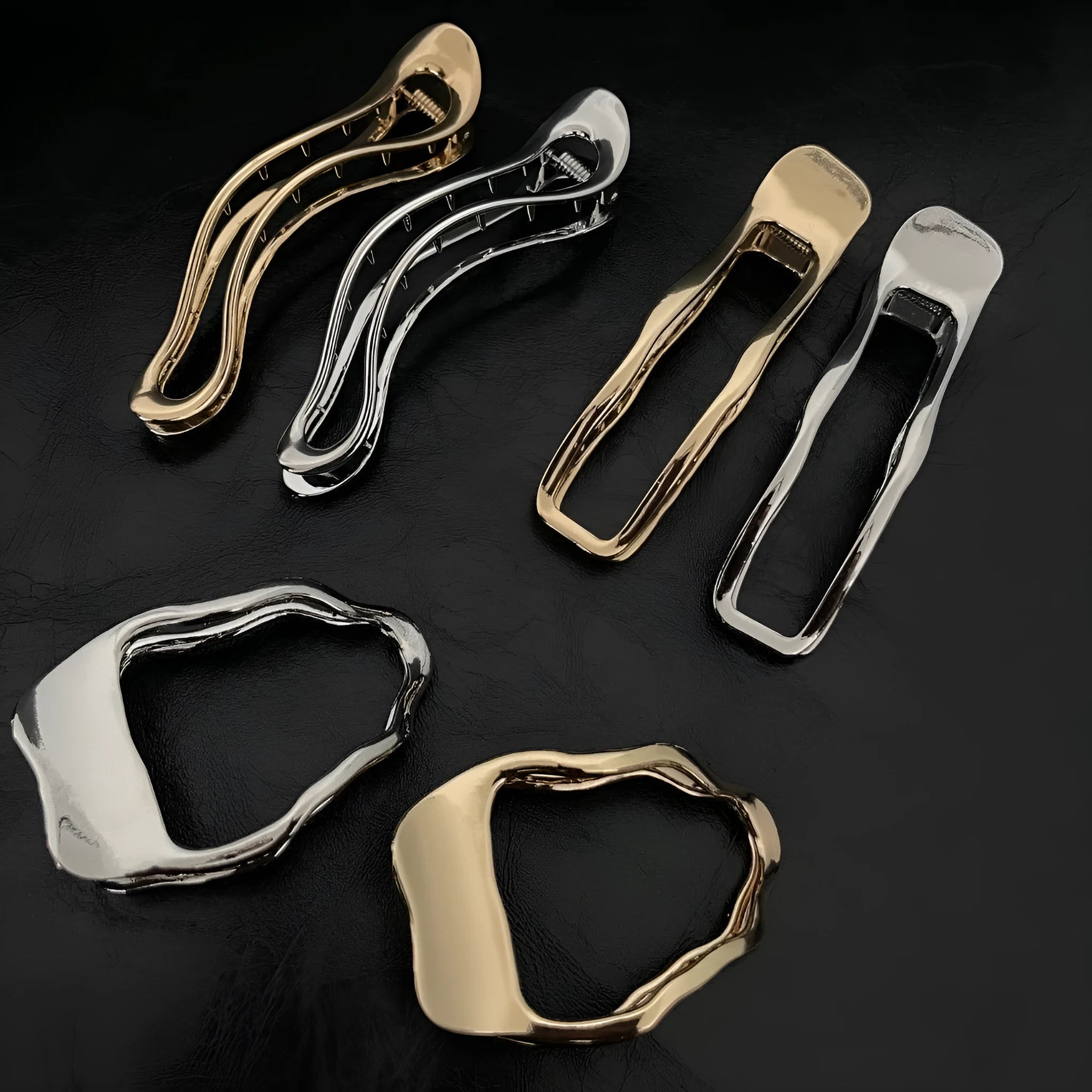 Women's zinc alloy hair barrettes in gold and silver square, arc and triangle shapes