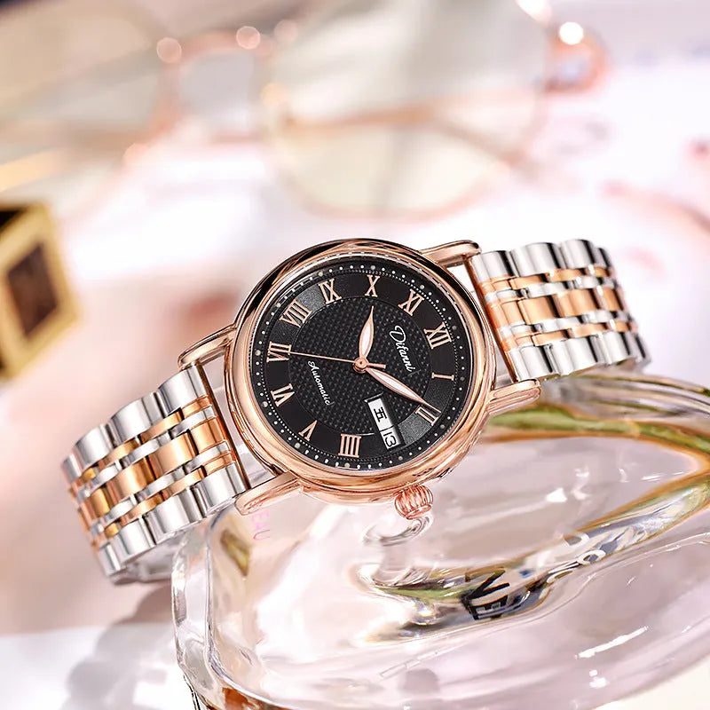 Women's automatic mechanical watch with 12mm thickness showing multiple colour strap and dial options