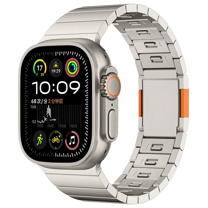 Stainless steel Apple Watch strap with magnetic buckle in silver colour showing business style design