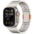 Stainless steel Apple Watch strap with magnetic buckle in silver colour showing business style design