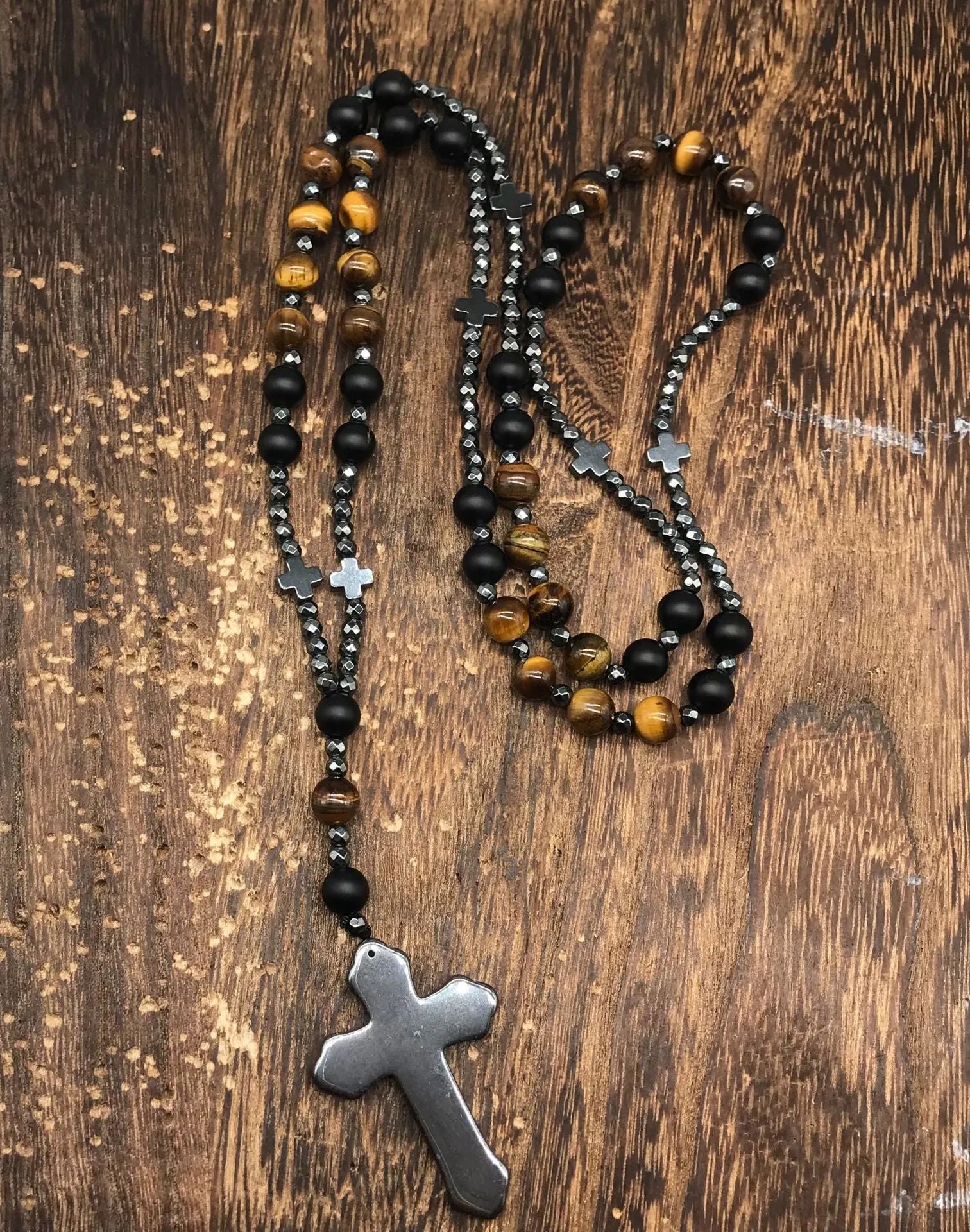 Men's stone geometric cross pendant necklace on an 80cm ball bead chain