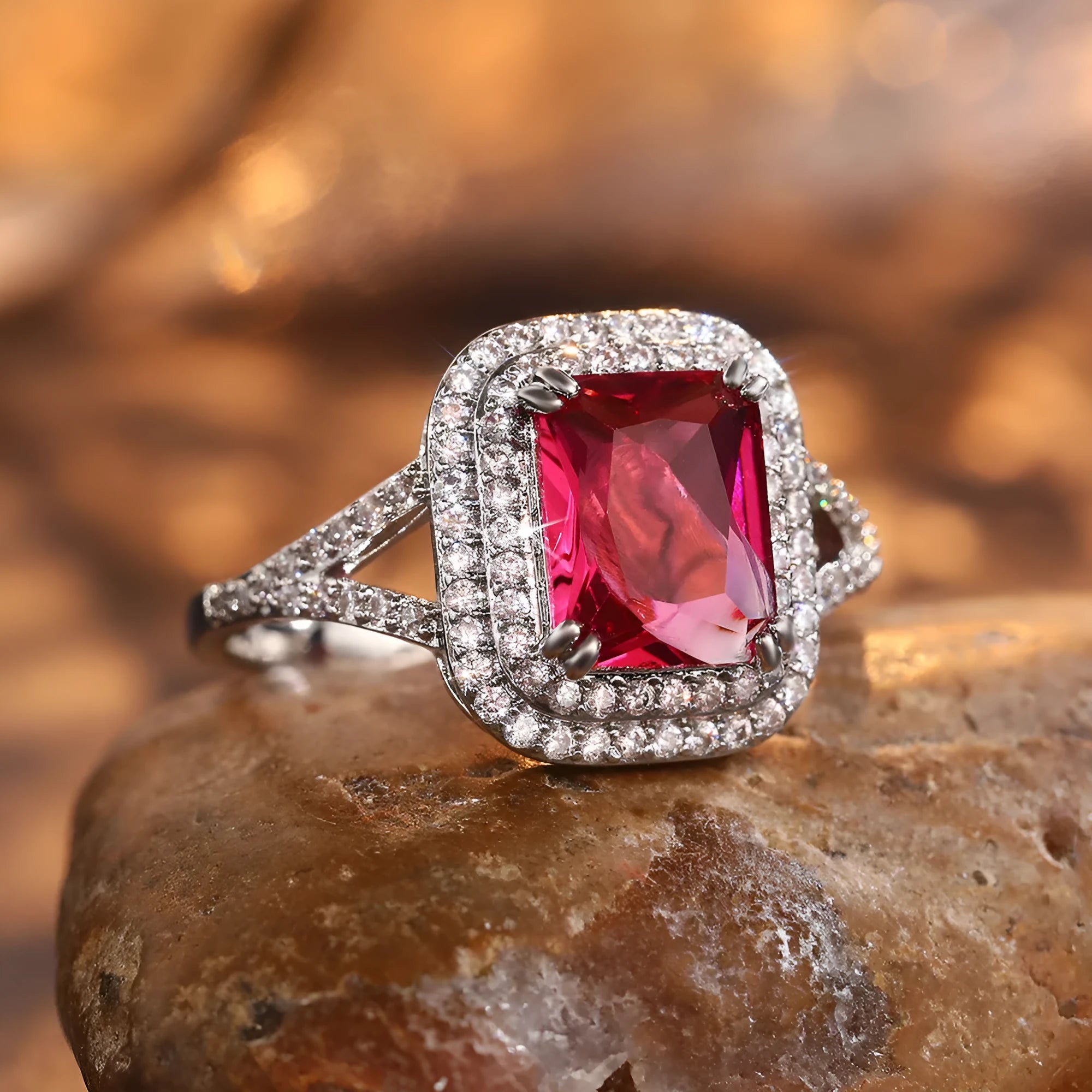 Copper square ring with red rhinestones in geometric princess cut design