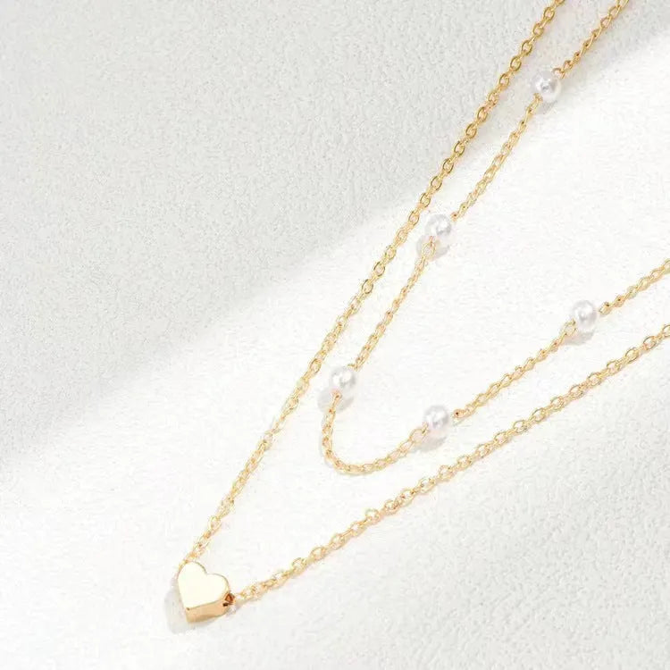 Gold alloy heart shape twin pearl pendant necklace on pearl chain for women, ins style, adjustable 31-40cm