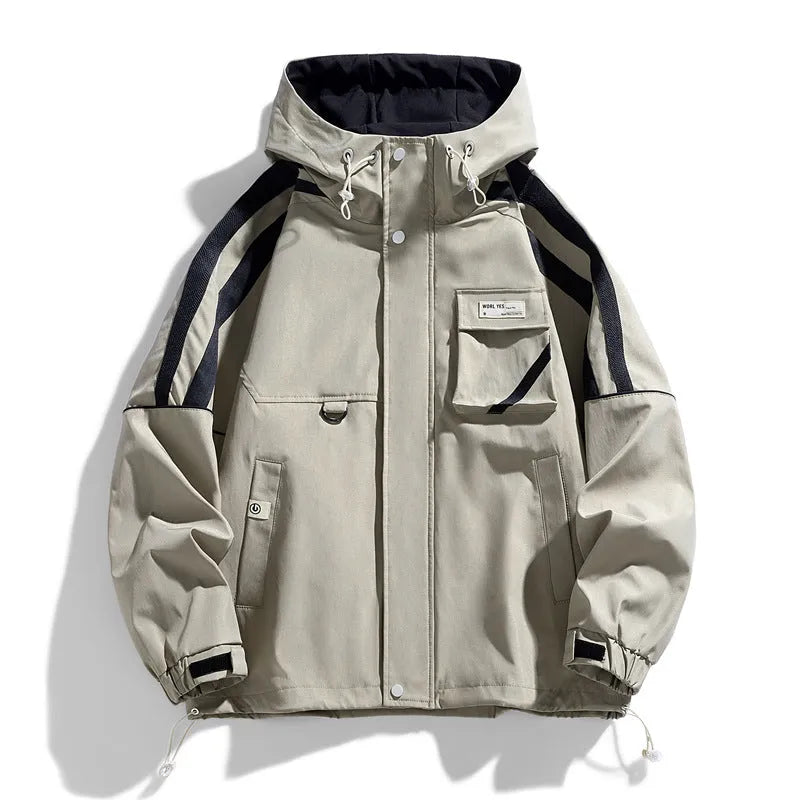Men's loose hooded work coat with patch pockets in beige apricot colour