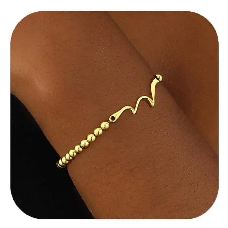 Adjustable stainless steel beaded bracelet with geometric round design in six colour style options