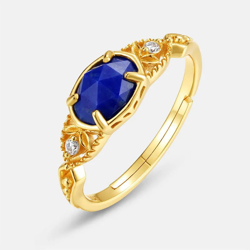 Women's silver geometric ring with blue lapis lazuli stone in ellipse shape