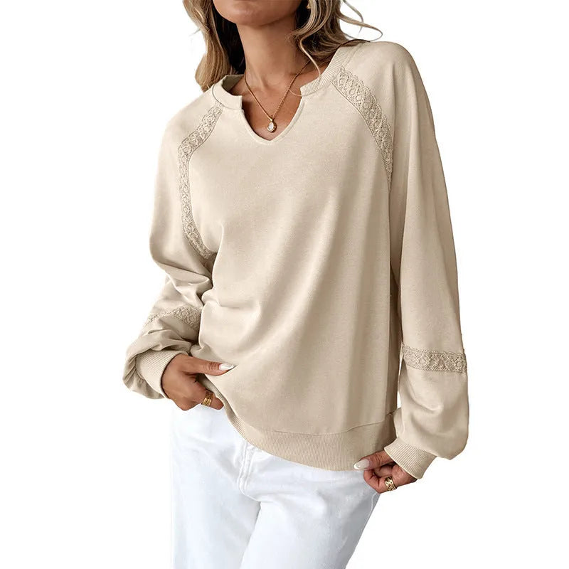 Women's loose fit half-open collar sweater with stitching and lace details in solid colour