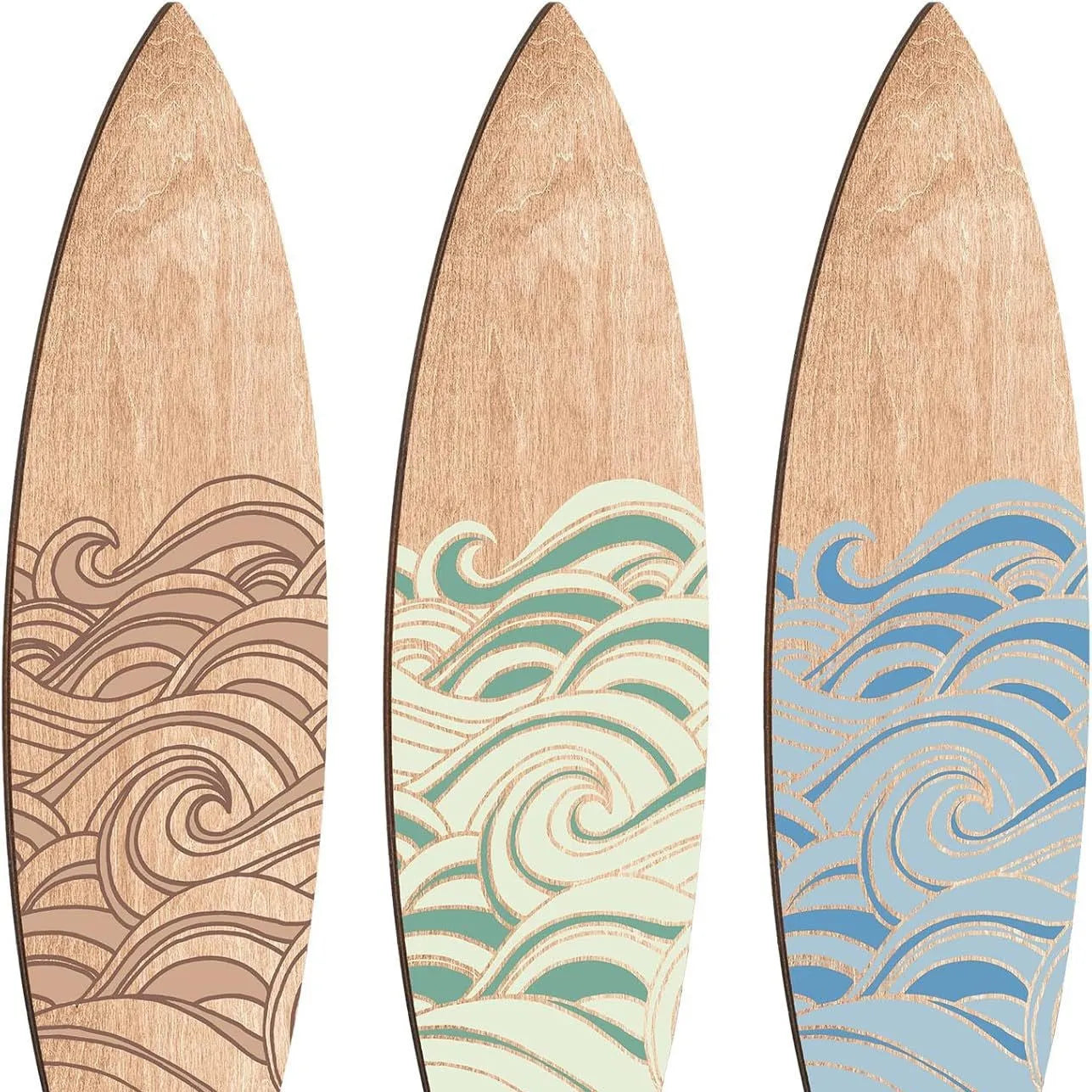 Three identical wooden surfboard wall decorations made from boxwood on a wall.