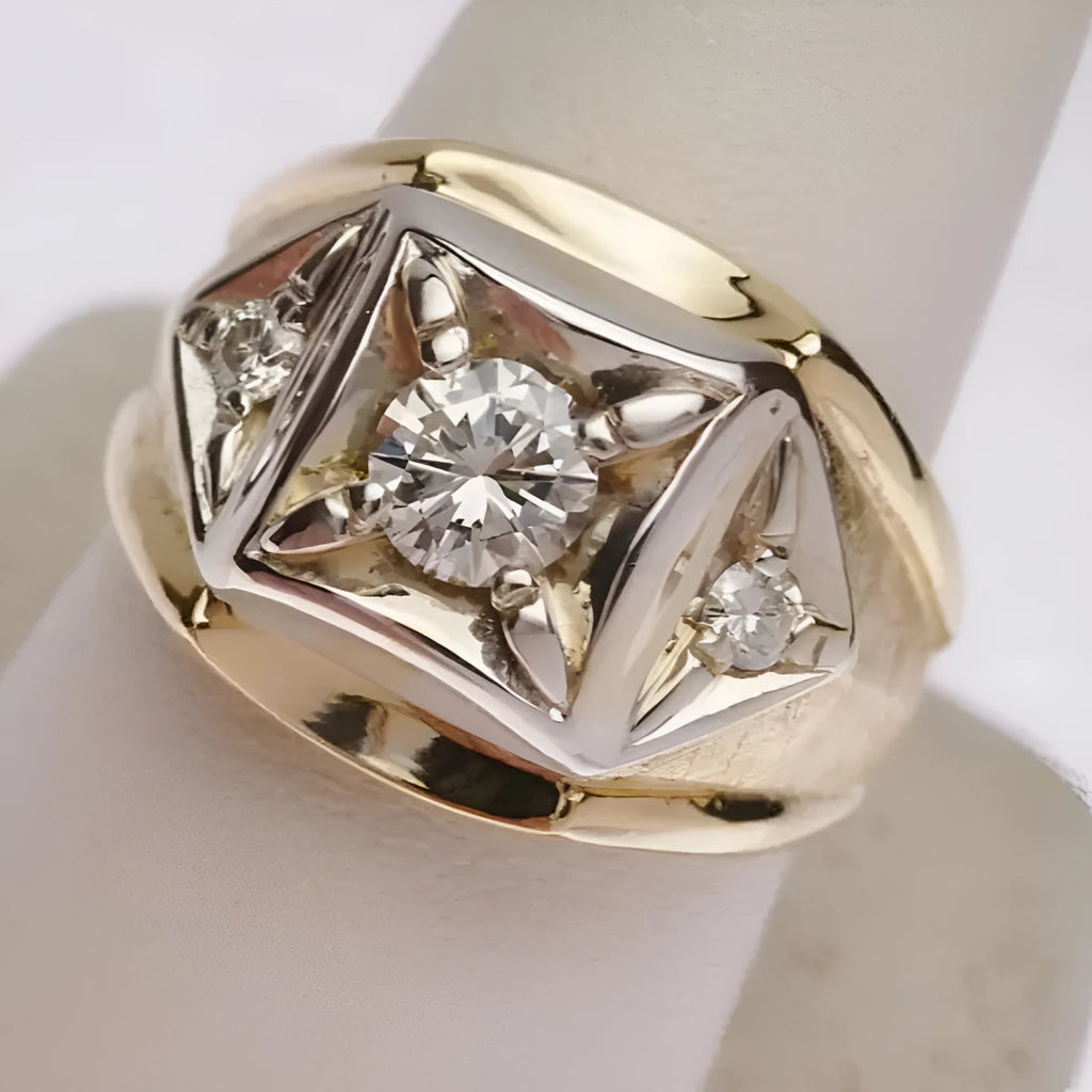 Gold coloured copper couple rings with geometric hollow design and wide face showing chamfered square pattern