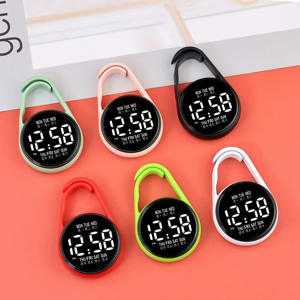 LED electronic watch with digital week display on an adjustable plastic strap, shown in various colours.