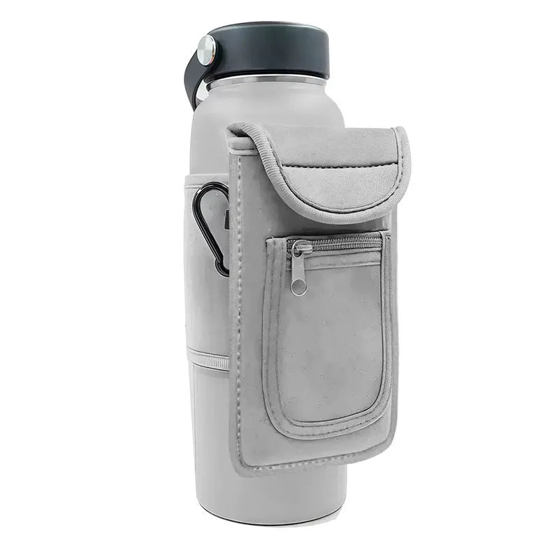 Cloth fitness bottle sleeve with magnetic closure and carabiner option in multiple colours