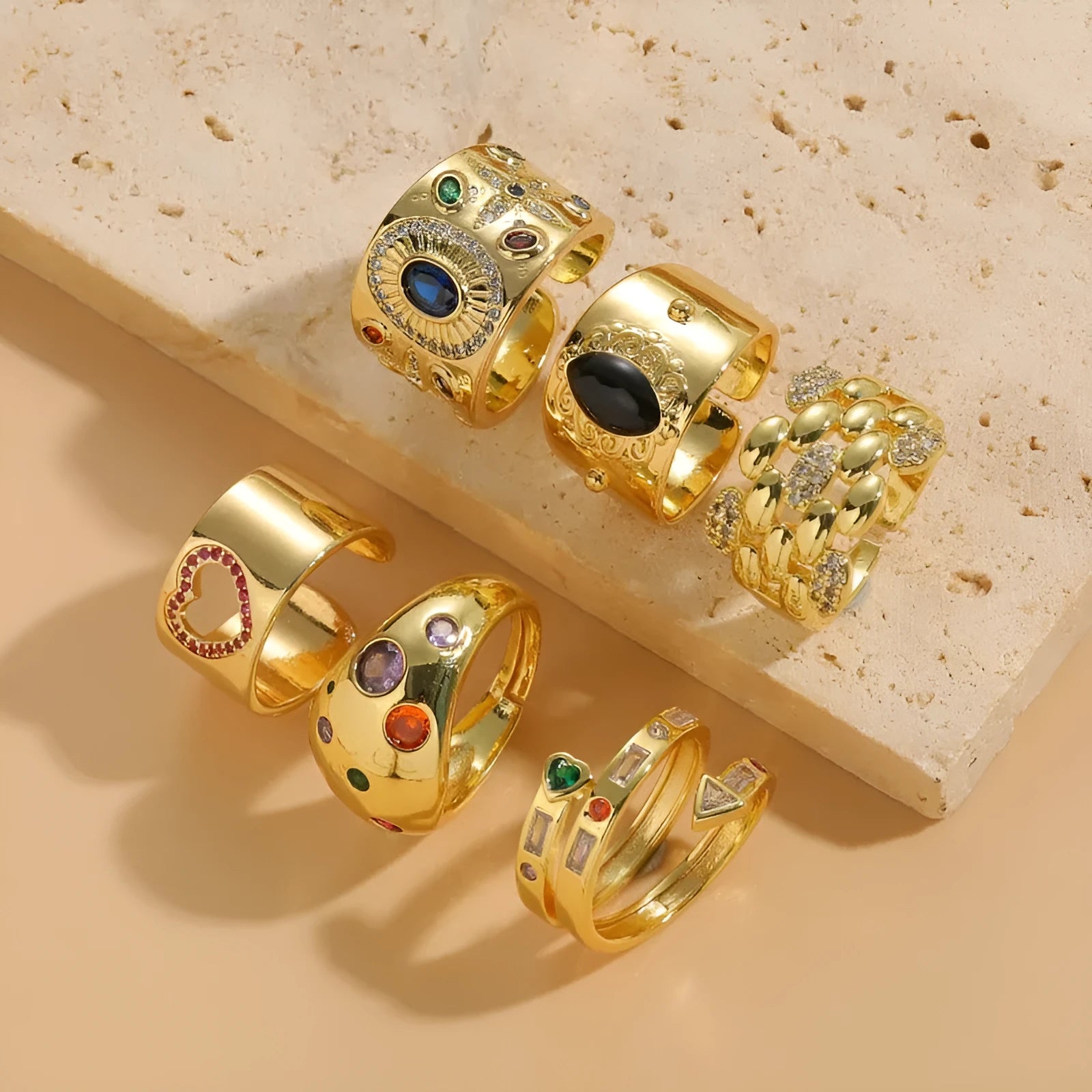 Vintage geometric copper ring with Chinese-style zircon accents and black electroplated finish
