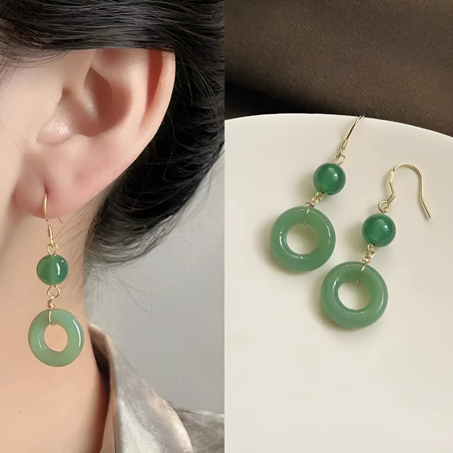 A pair of green and gold geometric earrings with a Chinese peace buckle and ring design.
