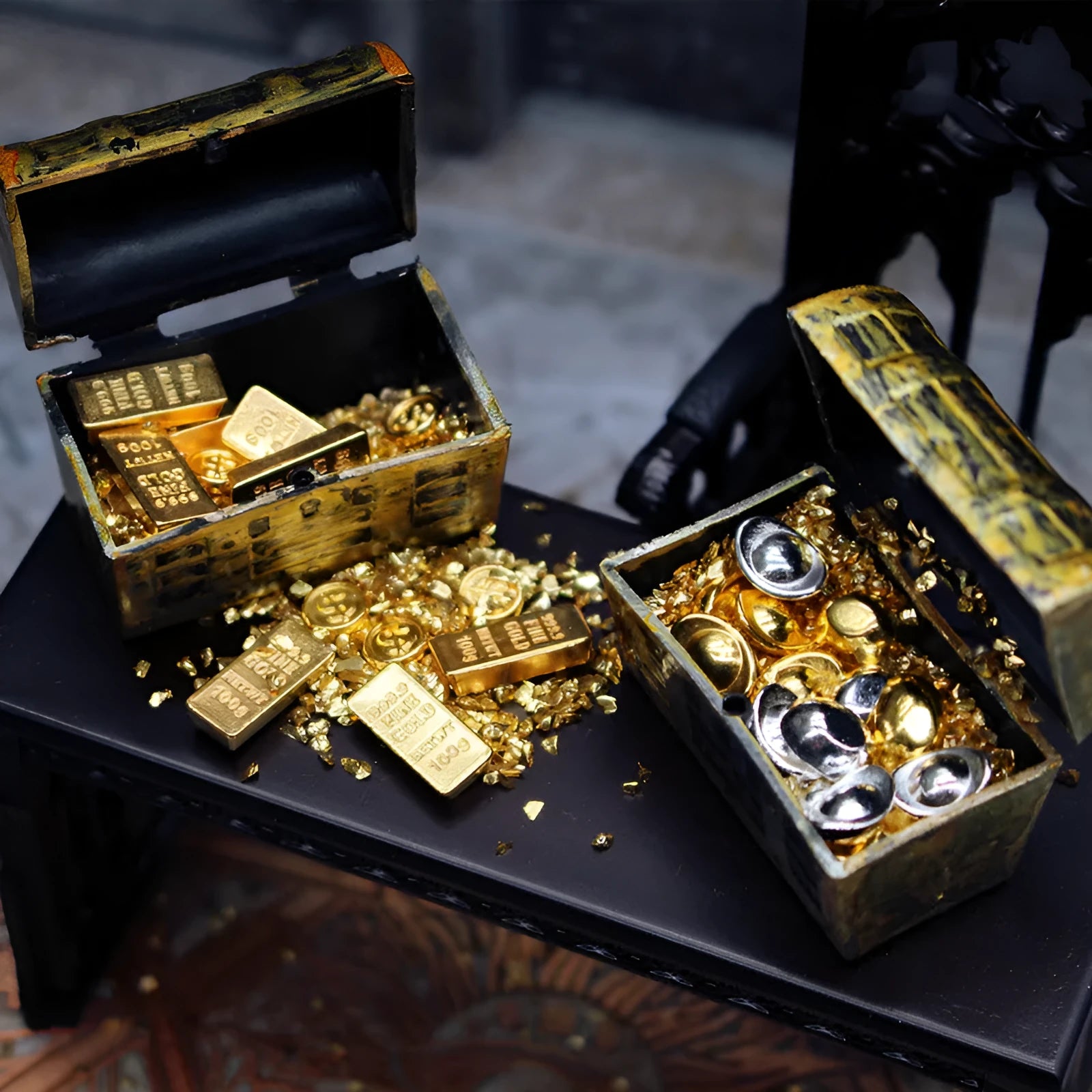 Alloy gold coin treasure box doll house miniature ornaments with gold bar combination