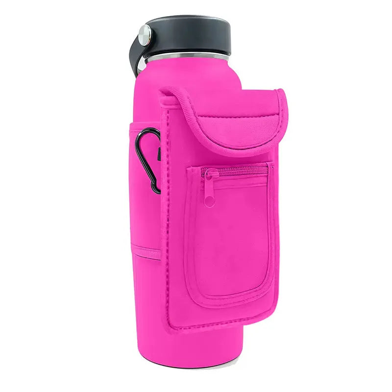 Cloth fitness bottle sleeve with magnetic closure and carabiner option in multiple colours
