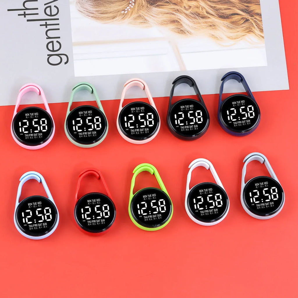 LED electronic watch with digital week display on an adjustable plastic strap, shown in various colours.