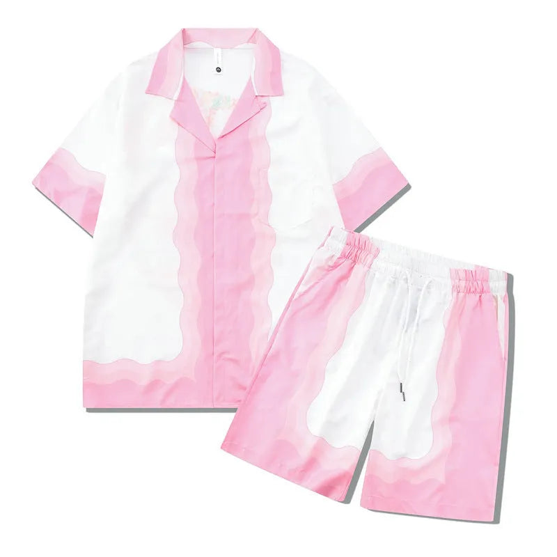 Plaid print beach short sleeve shirt and pants outfit set in European American style