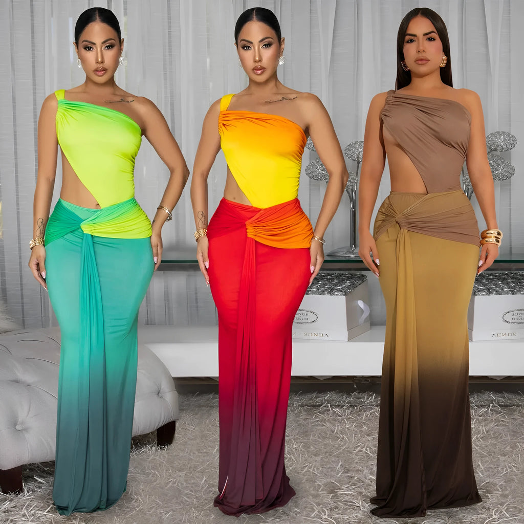 Women's long gradient colour dress with cross-shoulder sleeveless design and a high-waisted one-step skirt.