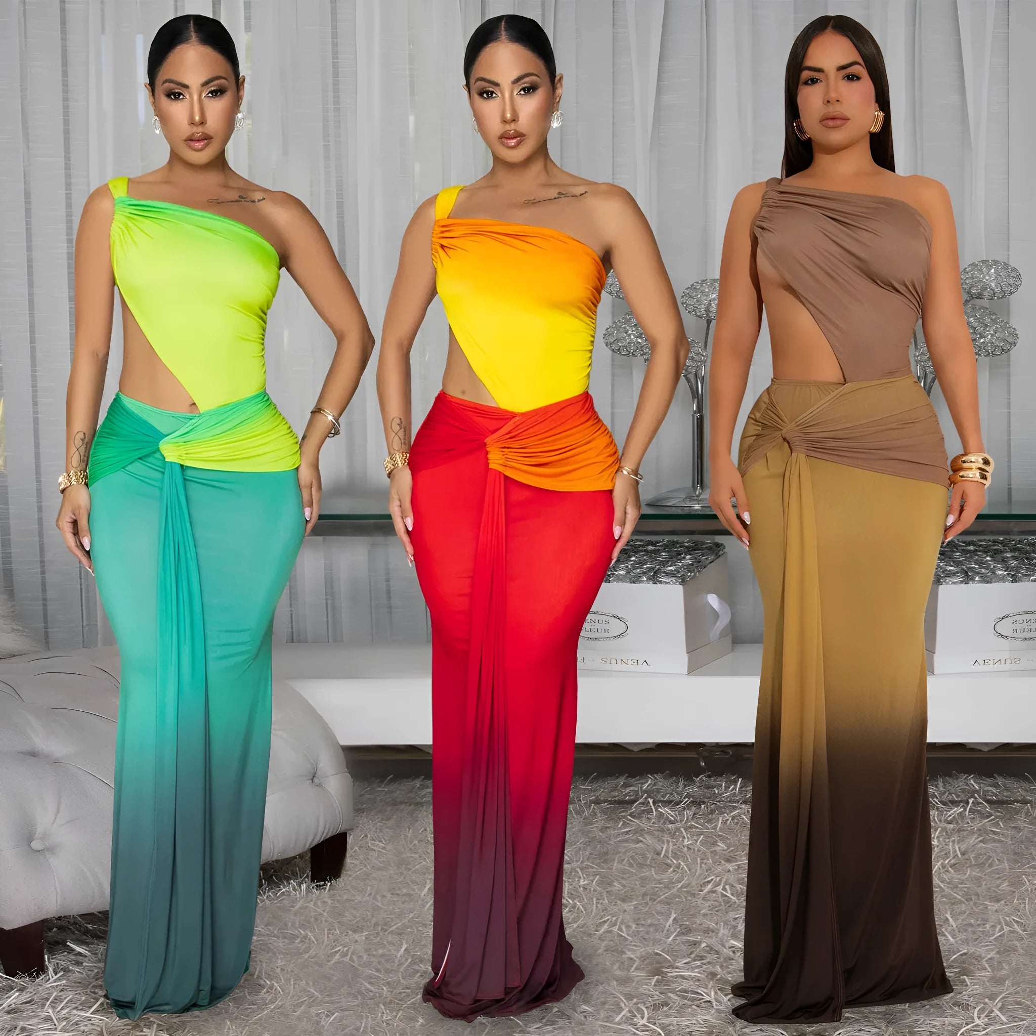 Women's long gradient colour dress with cross-shoulder sleeveless design and a high-waisted one-step skirt.