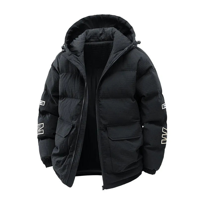 Men's black hooded winter coat with letter-print design and side pockets in Korean cardigan style