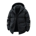 Men's black hooded winter coat with letter-print design and side pockets in Korean cardigan style