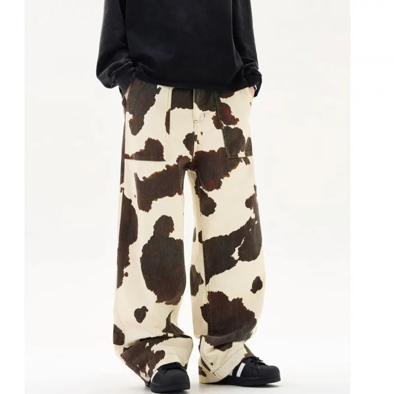 Men's straight-leg trousers with American retro cows pattern in cotton blend fabric