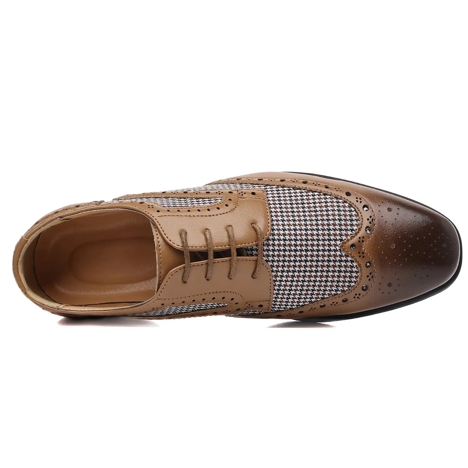 Men's houndstooth plaid casual leather shoes with square toe and lace-up front in four colour options