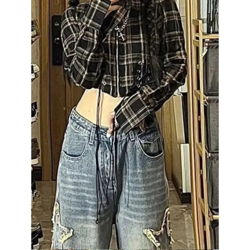 Blue women's high waist straight leg jeans with micro-elasticity denim fabric