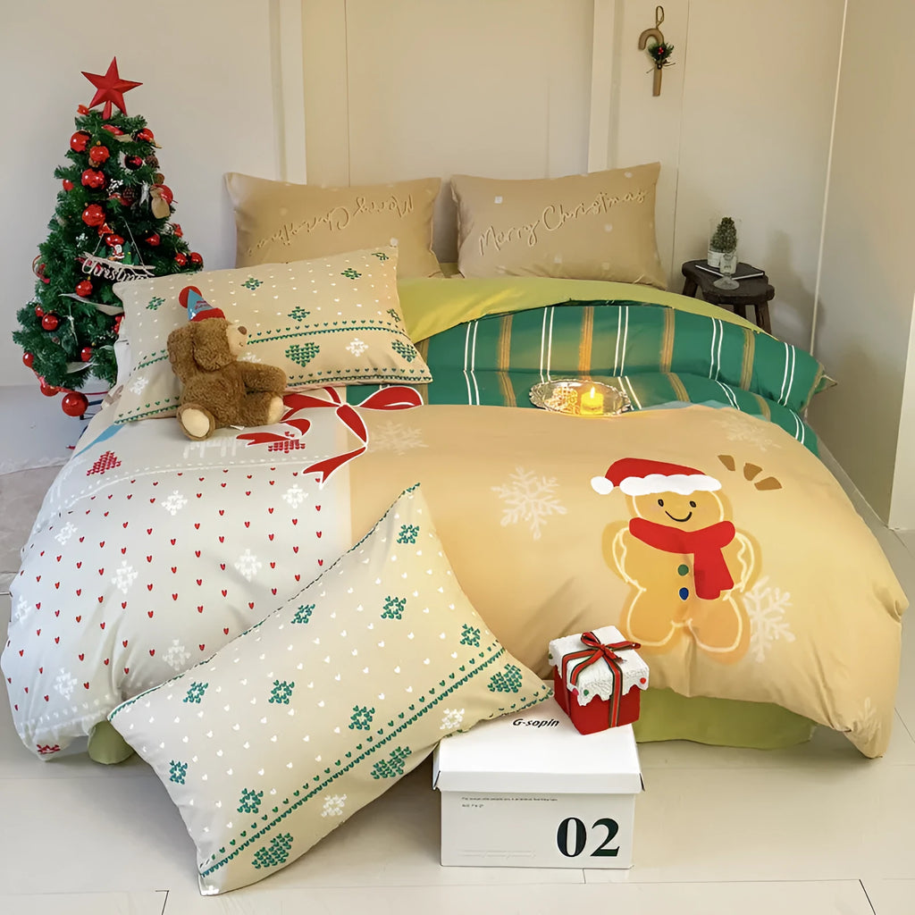 Christmas bedding four-piece set with cartoon print including sheet, quilt cover and pillowcases