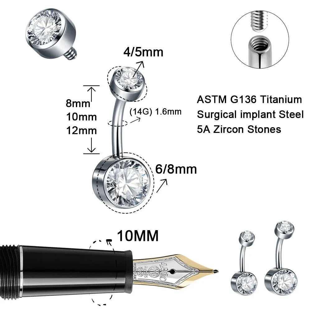 Titanium alloy double-headed zircon navel stud with internal thread closure in multiple sizes
