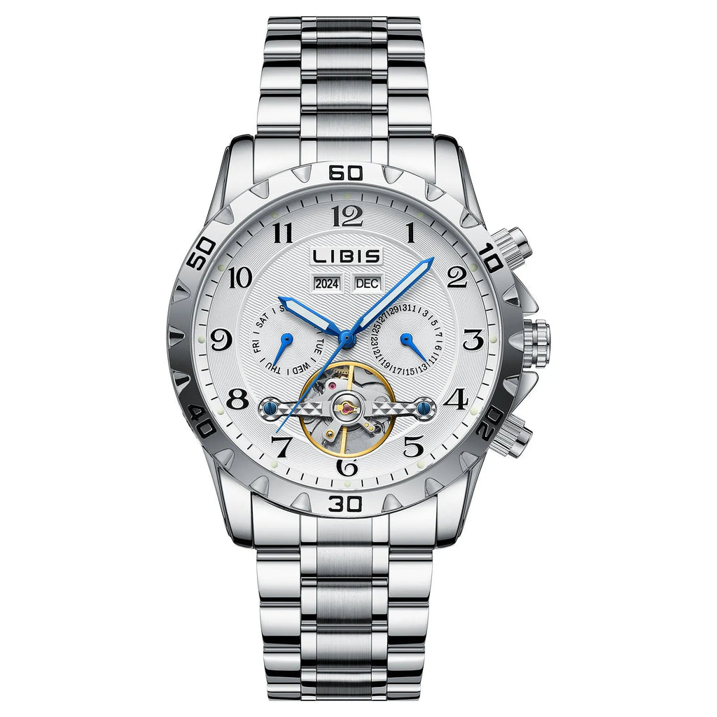 Men's silver stainless steel automatic perpetual calendar mechanical watch with sapphire crystal glass