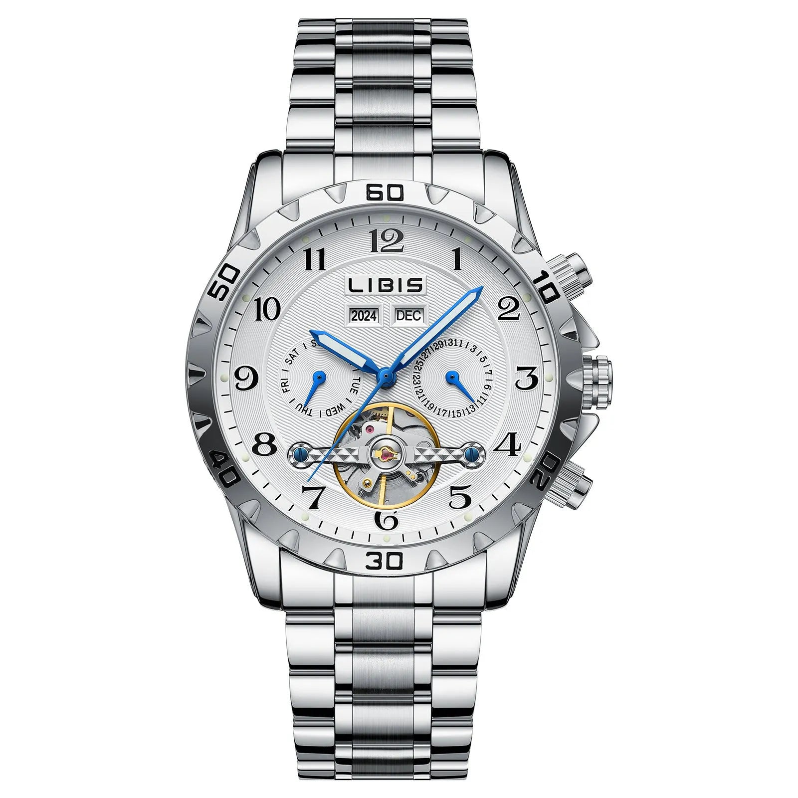 Men's silver stainless steel automatic perpetual calendar mechanical watch with sapphire crystal glass