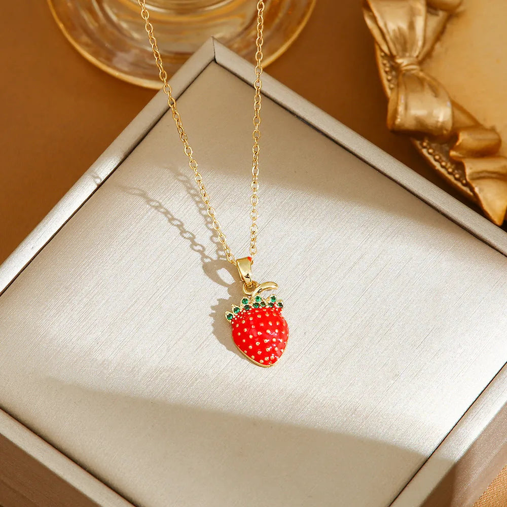 Titanium steel women's necklace with golden cherry pendant and O-ring chain design