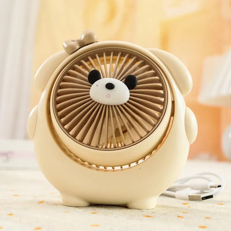 Cute dog-themed USB desk fan for pets with three speed settings on a desktop