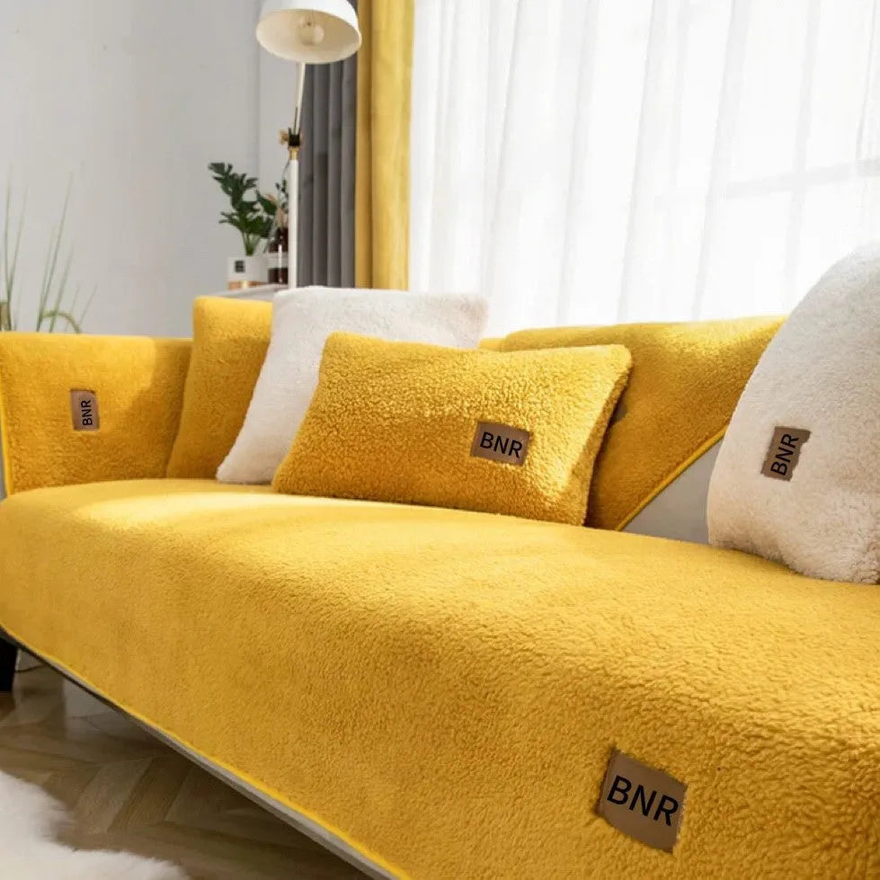 Lambswool machine washable sofa cover in solid colour with stain-resistant fabric