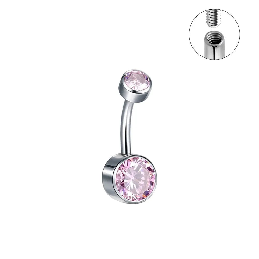 Titanium alloy double-headed zircon navel stud with internal thread closure in multiple sizes