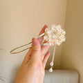 Purple and white peony flower U-shaped hairpin with tassel detail on alloy metal