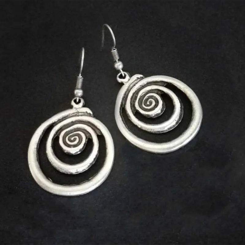 Silver geometric spiral distressed earrings with national style design measuring 2.6x5cm
