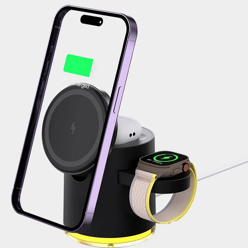 C16 ivory white folding magnetic three-in-one wireless charger showing phone, watch, and earbuds charging simultaneously.