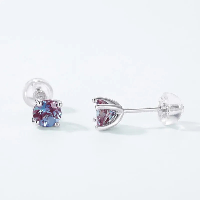 Simple geometric round ear studs with cultivated alexandrite stones in 925 silver setting