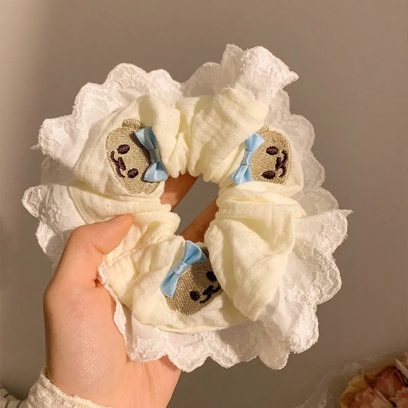 Blue bow lace large intestine hair ring with bear charm decoration, polyester elastic scrunchie for thick hair