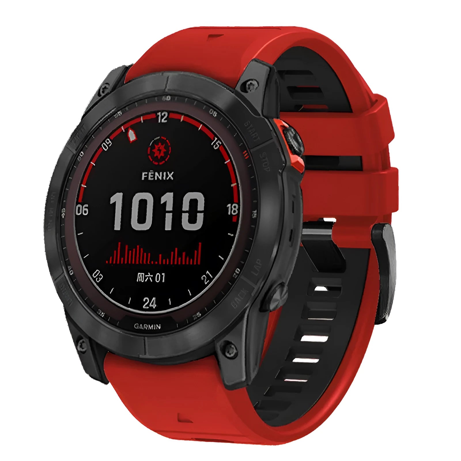 Fenix87pro6 two-colour quick release silicone watch strap in black and red on a grey background