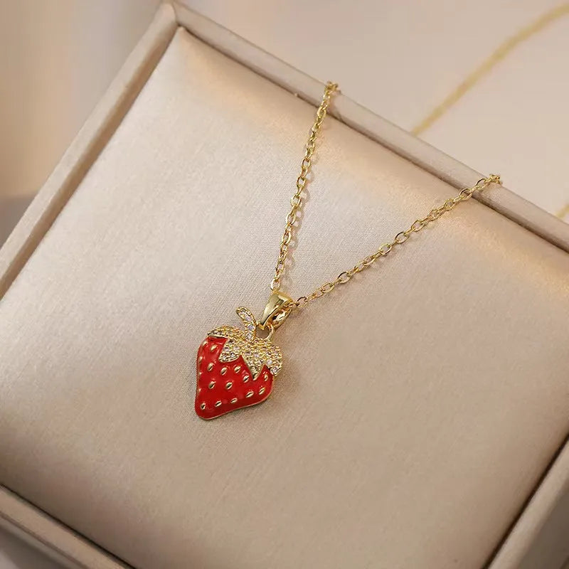 Titanium steel women's necklace with golden cherry pendant and O-ring chain design