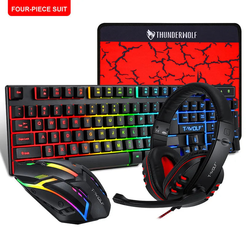 Thunder Wolf gaming keyboard and mouse bundle with wired USB connections, headset and mouse pad
