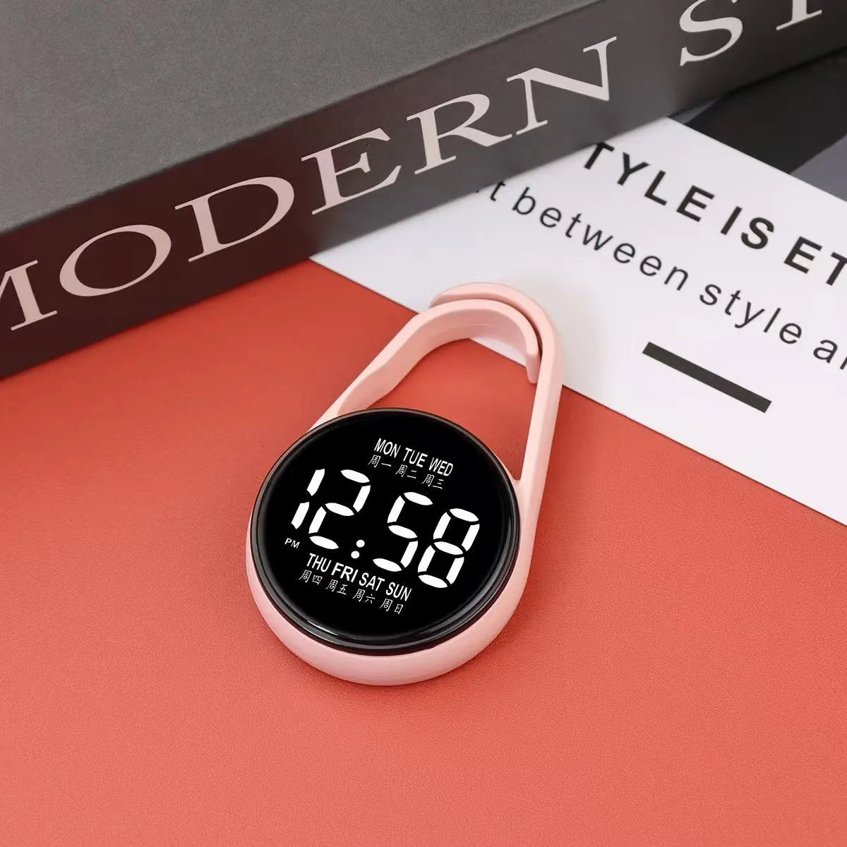 LED electronic watch with digital week display on an adjustable plastic strap, shown in various colours.