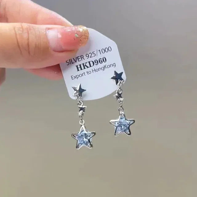Geometric heart shape alloy earrings with rhinestone star tassel ear clip design for women