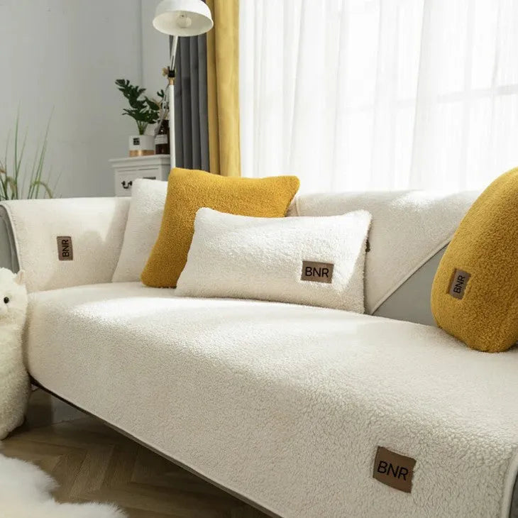 Lambswool machine washable sofa cover in solid colour with stain-resistant fabric
